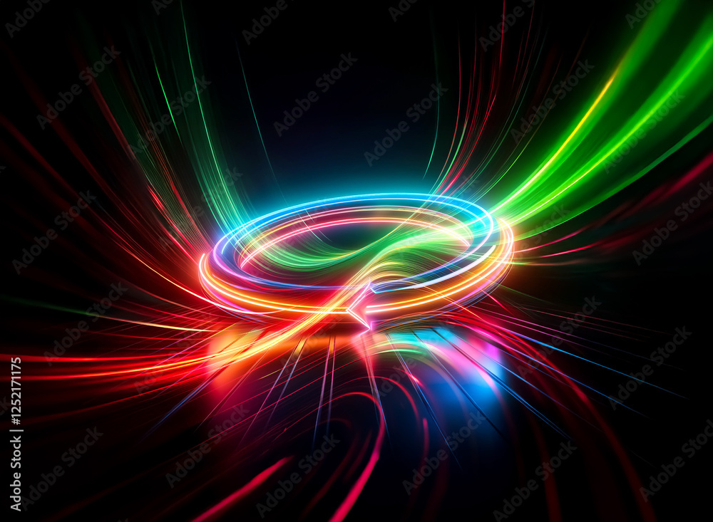 A vibrant circle of neon light bursts outwards with colorful trails on a dark backdrop. Illuminated shape radiates energy, creating a dynamic and futuristic effect. A vibrant circle of neon light bursts outwards with colorful trails on a dark backdrop. Illuminated shape radiates energy, creating a dynamic and futuristic effect.