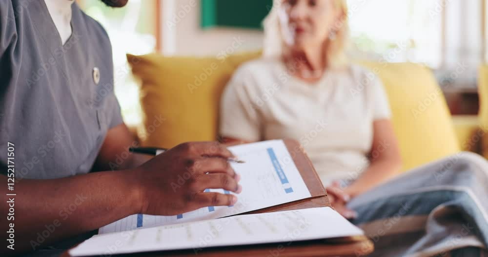 Nurse, senior woman and writing with checklist on sofa for healthcare, communication or consultation it home. Caregiver, advice and talking to elderly person for help, support and medical results