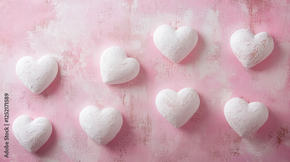 Obraz premium Delicate and radiant white hearts glowing softly on a pastel pink surface, with plenty of space for text or creative designs.