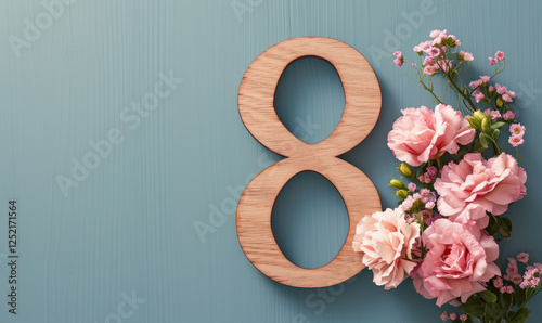 wooden Number 8 , international women's day blue background	