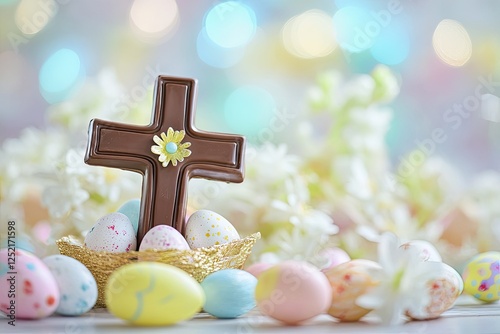 Chocolate cross, Easter eggs, flowers, spring bokeh