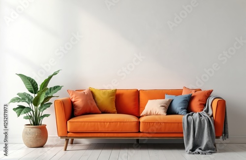 Modern interior with orange sofa and colourful pillows near white wall. Plant decor, blanket. Empty background with copy space. Home, room mockup, interior promotion. photo