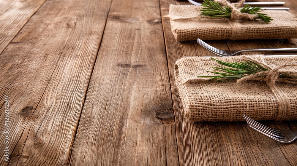 Obraz premium Rustic table setting with linen napkins and cutlery