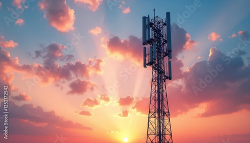 Telecommunication antenna tower against sunset sky with clouds. Phone base station equipped TV antennas transmits wireless internet signal to network from cell tower.