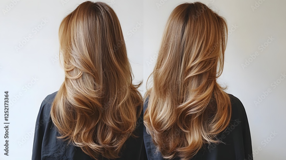 A long layered hairstyle with soft waves, caramel balayage highlights A long layered hairstyle with soft waves, caramel balayage highlights