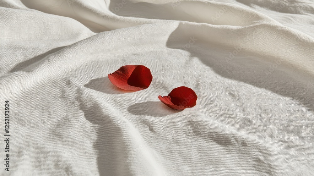 Fototapeta premium Delicate Red Rose Petals on Soft White Fabric Background