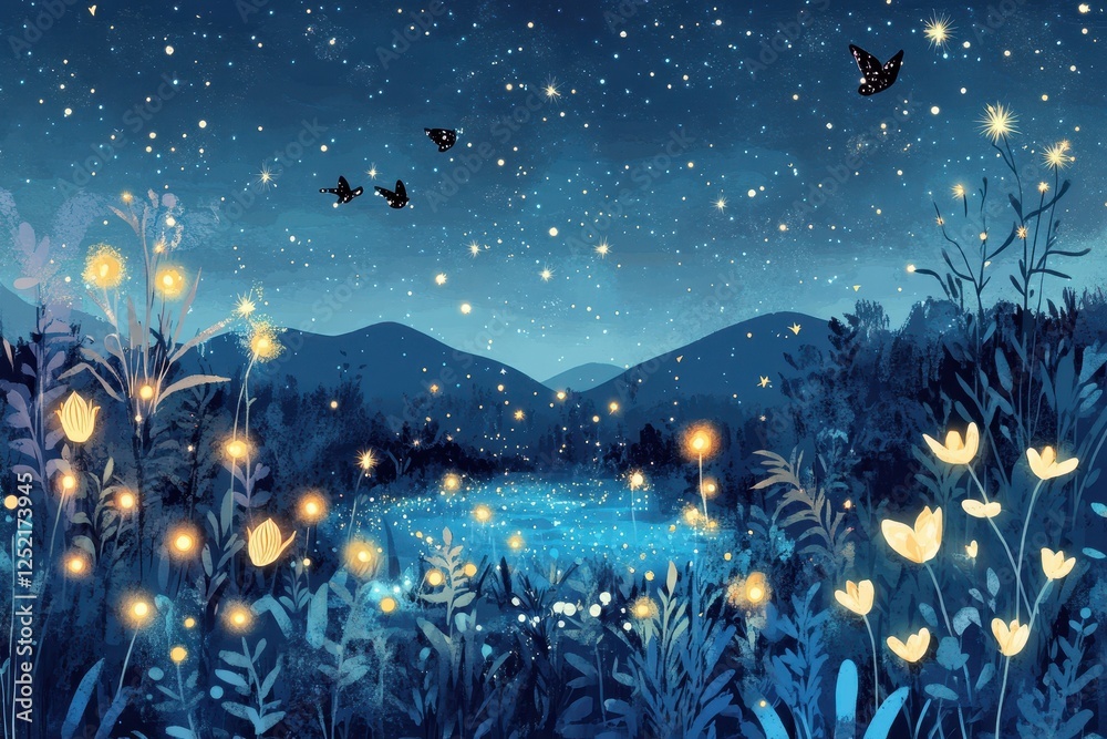Nighttime meadow illustration under a starry sky with mountains Nighttime meadow illustration under a starry sky with mountains