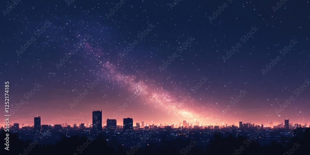 Milky way galaxy shines above a silhouette of a city Milky way galaxy shines above a silhouette of a city