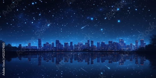 Starry night over the city reflected in tranquil water