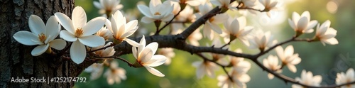 White magnolia blossoms cascade down a massive tree trunk, flowers, branches