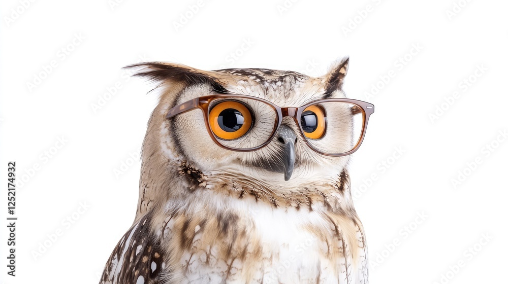Obraz premium Owl with Glasses Looking Intelligent Against a White Background