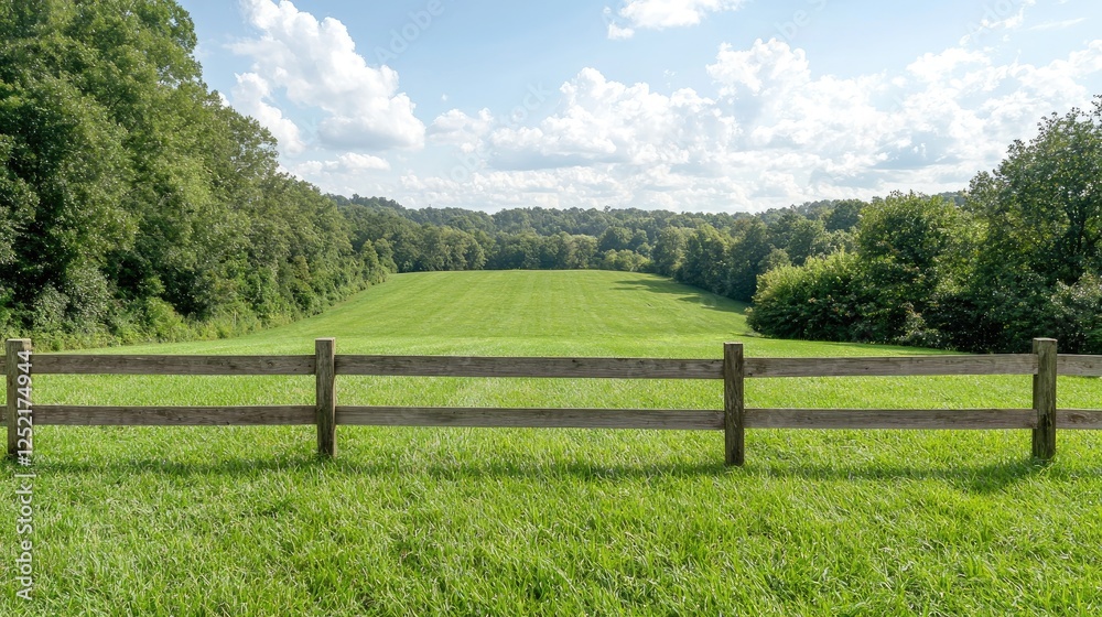 Green field, wooden fence, summer day, forest background, rural landscape Green field, wooden fence, summer day, forest background, rural landscape