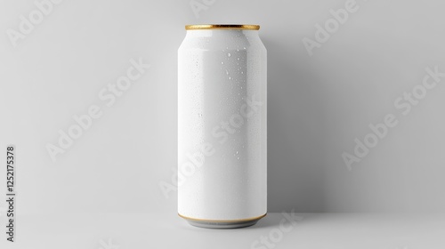 Blank White Aluminum Can with Gold Rim on Light Background