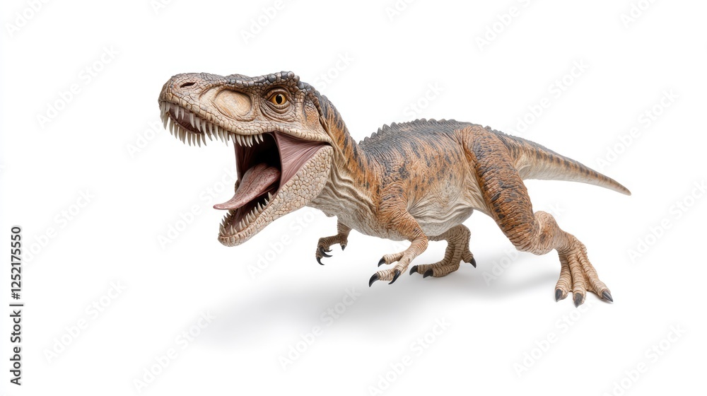Realistic Dinosaur Model Roaring in Action Against White Background Realistic Dinosaur Model Roaring in Action Against White Background