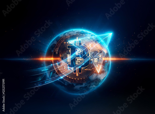 Wallpaper Mural A digital Bitcoin symbol is integrated within a glowing globe, representing global digital finance and modern technology in a futuristic style. Torontodigital.ca