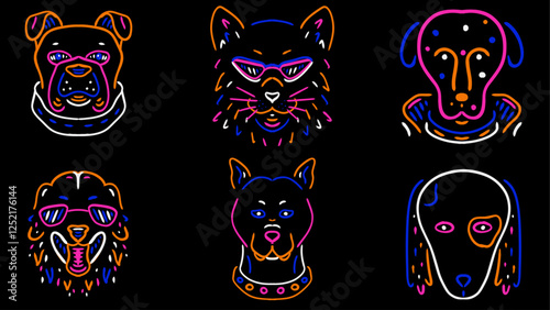 Hand drawn of neon dogs collection set on black background. Vector illustration photo