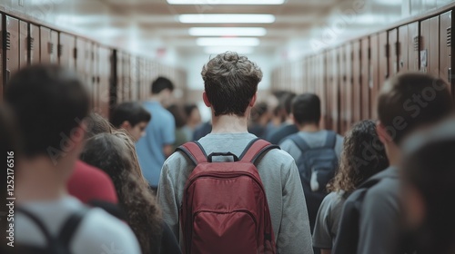 Focused Student Walking Through Crowded School Hallway