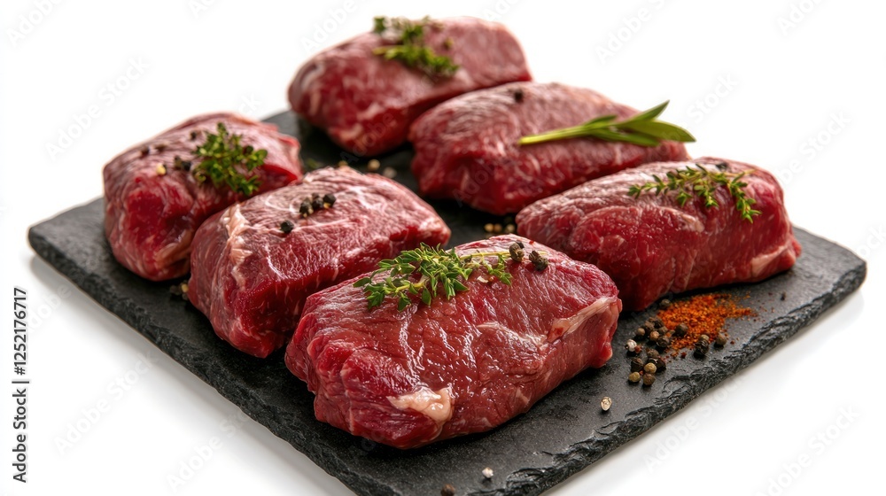 Fresh cuts of red meat arranged on a slate platter with herbs and spices for culinary presentation Fresh cuts of red meat arranged on a slate platter with herbs and spices for culinary presentation