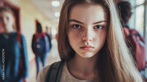 Wallpaper Mural Sad Teen Girl Looking at Camera in School Hallway. Torontodigital.ca