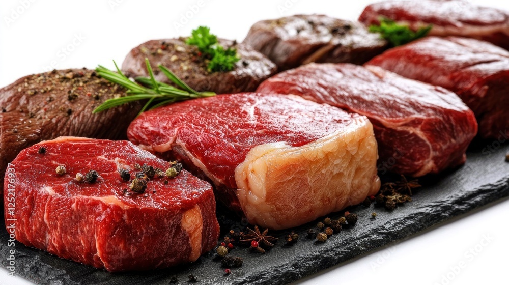 Fresh cuts of premium beef steaks arranged on a slate platter with herbs and spices Fresh cuts of premium beef steaks arranged on a slate platter with herbs and spices