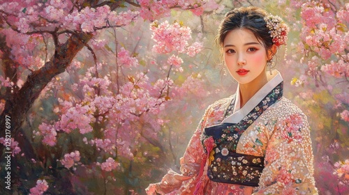 Pensive Asian Woman in Hanbok Amidst Blossoming Cherry Trees