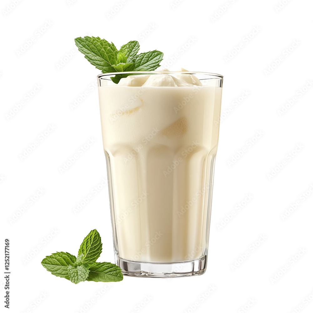 Glass of chilled yogurt drink with mint, Ramadan refreshment, isolated on transparent background, png Glass of chilled yogurt drink with mint, Ramadan refreshment, isolated on transparent background, png