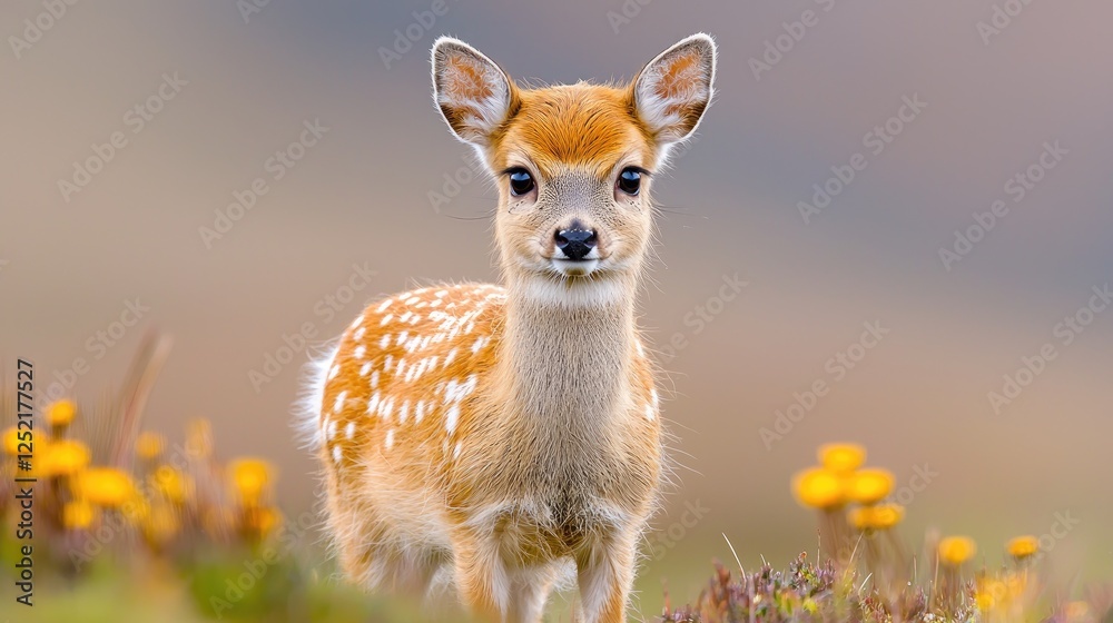 Fawn in meadow, looking at camera, blurred background, spring Fawn in meadow, looking at camera, blurred background, spring
