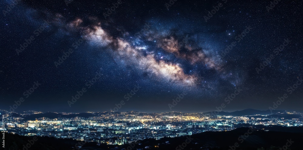 Fototapeta premium Milky way shines above a brightly lit city at night