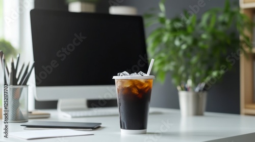 Refreshing Iced Coffee on Modern Desk: Aromatic Break