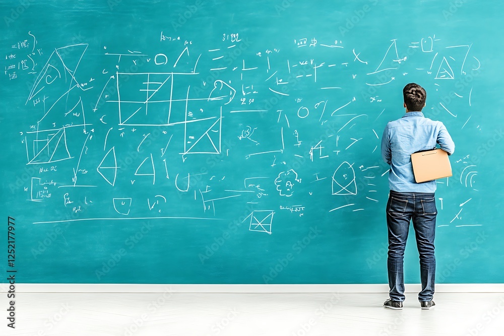 Man stands viewing equations and diagrams on a chalkboard Man stands viewing equations and diagrams on a chalkboard