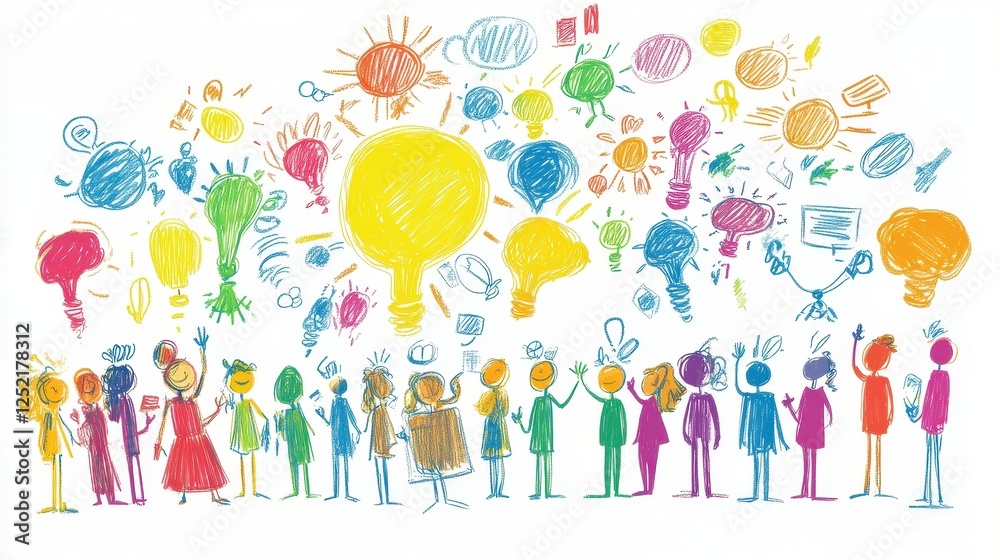 Fototapeta premium Colorful cartoon people with light bulbs represent bright ideas