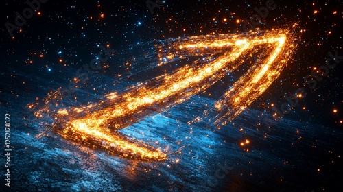 Fiery arrow pointing upwards in cosmic space. Possible use futuristic concept, technology, innovation