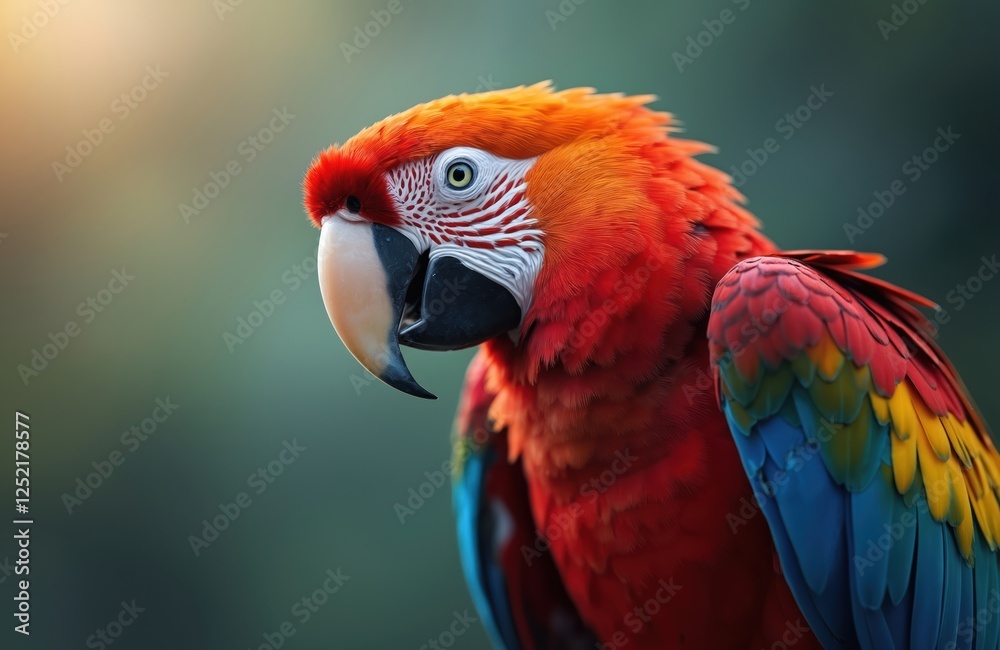 Vibrant scarlet macaw parrot close-up. Colorful exotic bird features vivid red plumage with yellow, blue wing feathers against hazy jungle backdrop. Detailed feathers, beak, eye in focus. Wild animal Vibrant scarlet macaw parrot close-up. Colorful exotic bird features vivid red plumage with yellow, blue wing feathers against hazy jungle backdrop. Detailed feathers, beak, eye in focus. Wild animal
