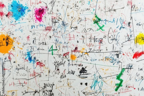 Graffiti covered white wall with colorful paint splatters and writings
