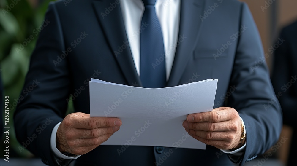 A male professional in a suit is holding blank sheets of paper, exuding confidence in a modern office setting. A male professional in a suit is holding blank sheets of paper, exuding confidence in a modern office setting.