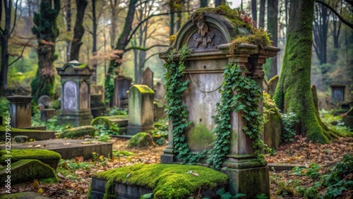 An empty grave in a neglected cemetery is marked by a crumbling stone monument partially hidden by tangled vines and moss-covered stones, weathered stone, overgrown gravesites photo