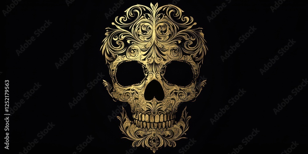 Golden skull intricately decorated with floral ornaments on black background Golden skull intricately decorated with floral ornaments on black background