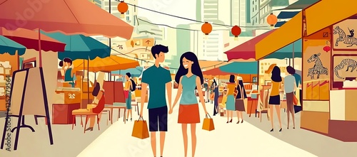 A couple strolling happily through a vibrant asian market