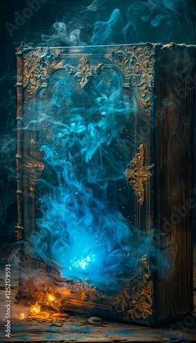 Ancient Book with Glowing Blue Smoke and Fire, Fantasy and Magic Concept. Spell Book.