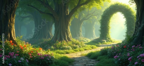 Illustration of unreal fantasy landscape with trees and flowers. Exotic fairytale forest, green oasis garden. Sunlight, shadows, creepers and arch. 3D render wallpaper, background.