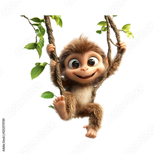 Fluffy 3D Cartoon Monkey Swinging from Tree Branches Isolated on Transparent Background