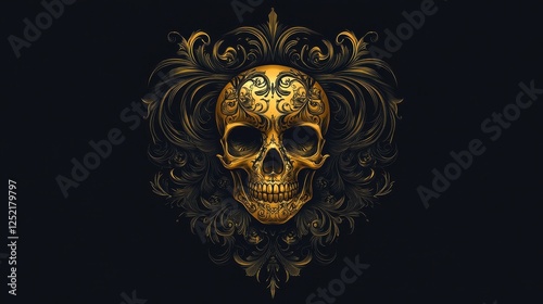 Ornamented golden skull amidst ornate floral design on black background photo