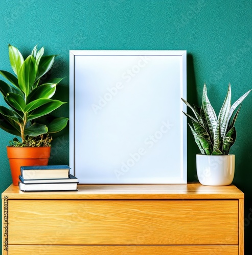 Minimalist Home Decor with Blank Frame and Indoor Plants Display photo