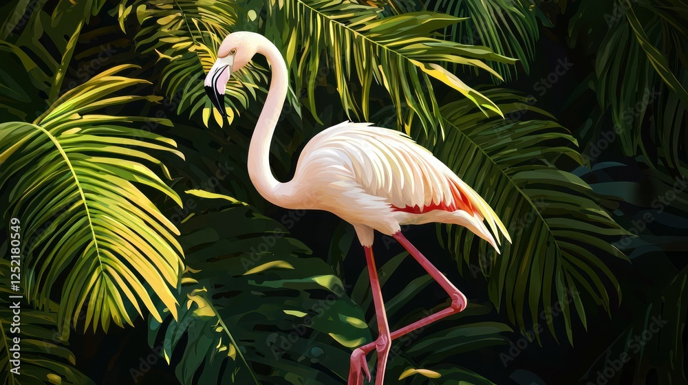 Fototapeta premium A clean vector illustration of a flamingo standing gracefully on one leg with a tropical leaf background. 