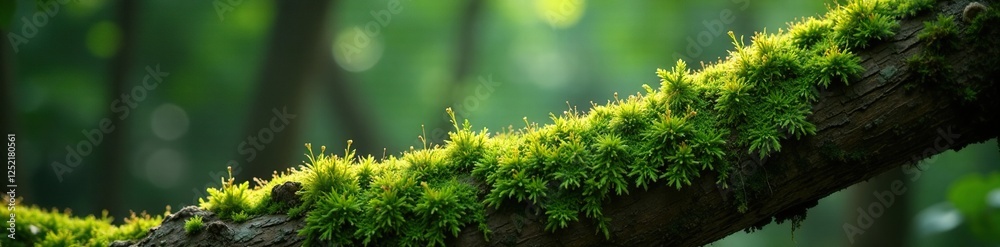 Moss thrives on a gnarled, weathered tree trunk, branch, lush Moss thrives on a gnarled, weathered tree trunk, branch, lush