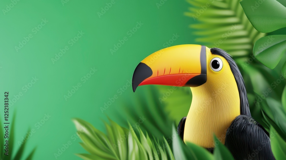 Naklejka premium Colorful Toucan Surrounded by Lush Green Tropical Leaves
