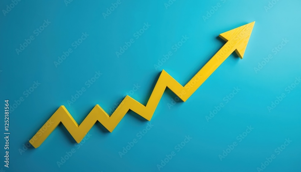 Yellow wooden arrow with zig-zag tail points upwards on blue background. Business concept, market growth. Financial chart, stock market, investment rise, economic success, positive trend, Yellow wooden arrow with zig-zag tail points upwards on blue background. Business concept, market growth. Financial chart, stock market, investment rise, economic success, positive trend,