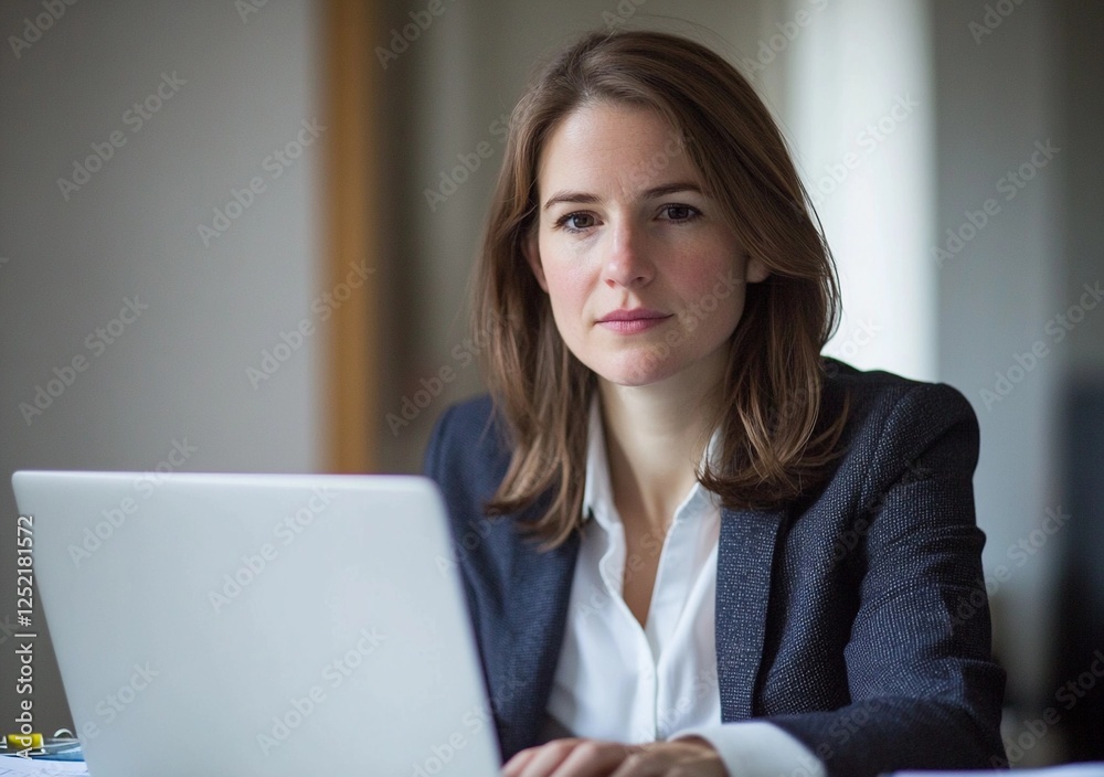 Confident businesswoman in a professional setting using a laptop, representing leadership, innovation, and strategic planning in the corporate world Confident businesswoman in a professional setting using a laptop, representing leadership, innovation, and strategic planning in the corporate world