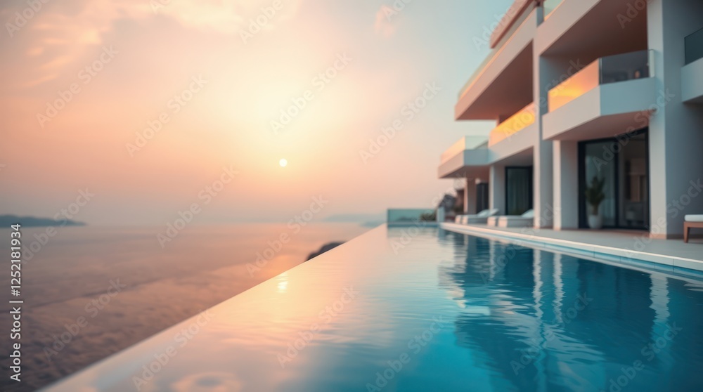 Close-up of an infinity pool overlooking a serene sunset. Close-up of an infinity pool overlooking a serene sunset.