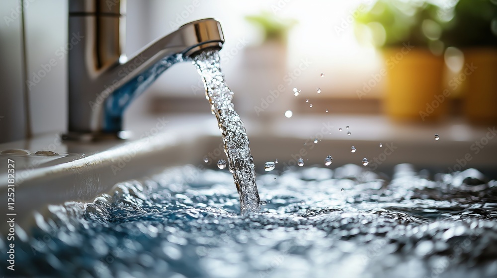 Clear water streams from a modern faucet, forming bubbles on a tranquil blue surface while sunlight filters into the kitchen space Clear water streams from a modern faucet, forming bubbles on a tranquil blue surface while sunlight filters into the kitchen space